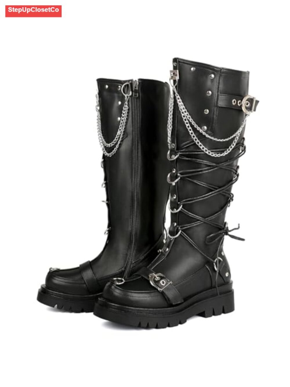 Goth Knee High Platform Combat Boots with Chains Chunky Heels Lace Up